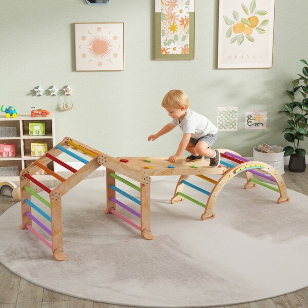 AIYAPLAY Triangolo da arrampicata per bambini con rampa reversibile, scivolo, dondolo e struttura da arrampicata, Legno naturale | Aosom Italy