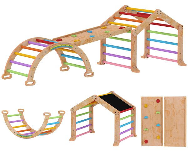 AIYAPLAY Triangolo da arrampicata per bambini con rampa reversibile, scivolo, dondolo e struttura da arrampicata, Legno naturale | Aosom Italy