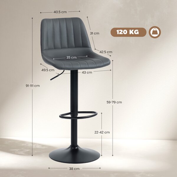 HOMCOM Set da 2 sgabelli da bar dal design retrò, con poggiapiedi, altezza regolabile, 43 cm x49,5 cm x 111 cm | Aosom Italy