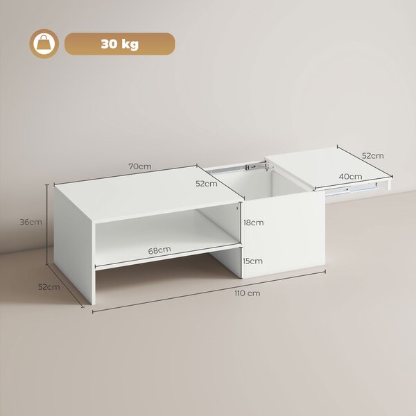 HOMCOM Tavolino da Caffè in Legno con Piano Scorrevole e Ripiano Aperto e a Scomparsa, 110x52x36 cm, Bianco | Aosom Italy