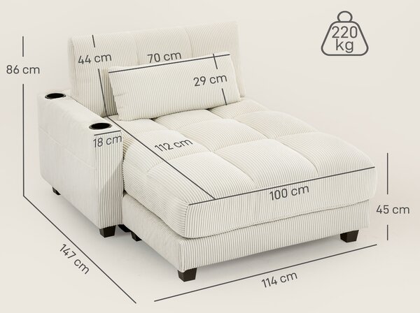 HOMCOM Poltrona letto con cuscino e porta-bicchiere, in schiuma, Bianco crema | Aosom Italy