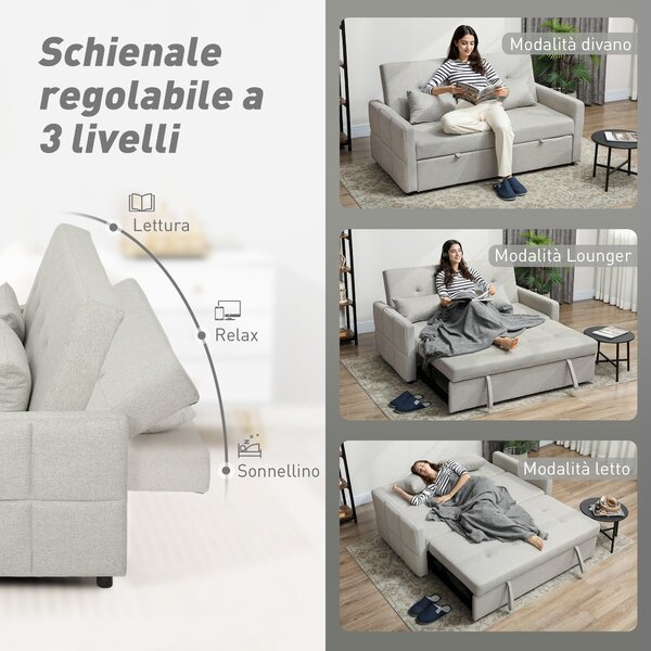 HOMCOM Divano 2 Posti Convertibile in Divano Letto Clic Clac con 2 Cuscini in Tessuto, Grigio Chiaro | Aosom Italy