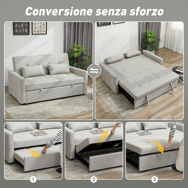 HOMCOM Divano 2 Posti Convertibile in Divano Letto Clic Clac con 2 Cuscini in Tessuto, Grigio Chiaro | Aosom Italy