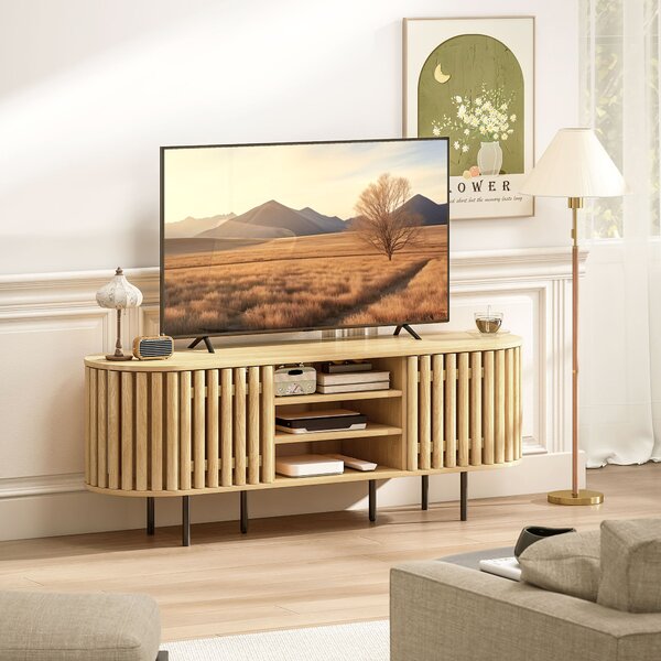 HOMCOM Mobile TV, mobile per televisori 152,4 cm, 2 ante a doghe, apertura a pressione, 140x40x52cm, legno naturale | Aosom Italy