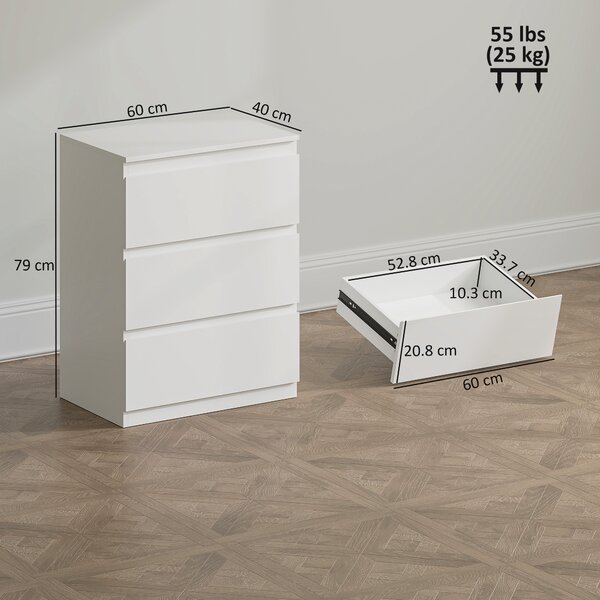 HOMCOM Cassettiera con 3 cassetti, in truciolato, 60cm x 40cm x 79cm Bianco | Aosom Italy