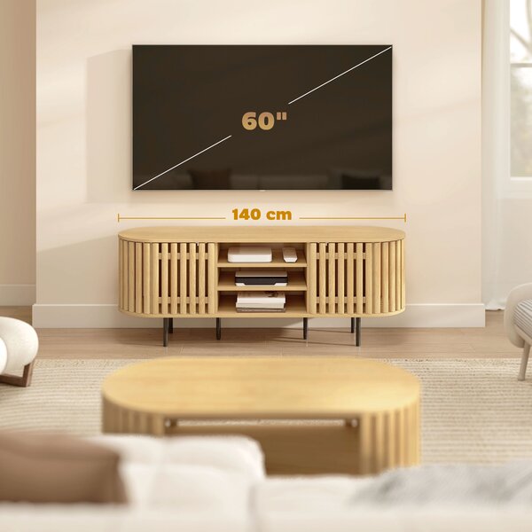HOMCOM Mobile TV, mobile per televisori 152,4 cm, 2 ante a doghe, apertura a pressione, 140x40x52cm, legno naturale | Aosom Italy