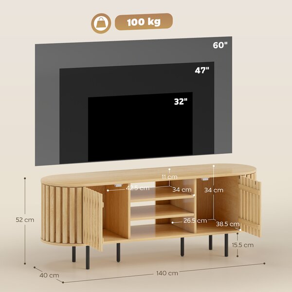 HOMCOM Mobile TV, mobile per televisori 152,4 cm, 2 ante a doghe, apertura a pressione, 140x40x52cm, legno naturale | Aosom Italy