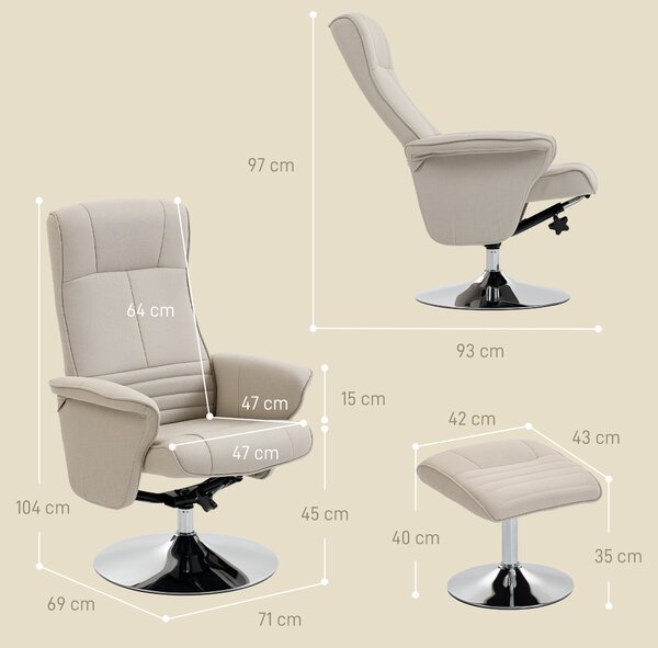 HOMCOM Poltrona relax reclinabile 135° girevole 360° con poggiapiedi rivestimento in tessuto beige | Aosom Italy