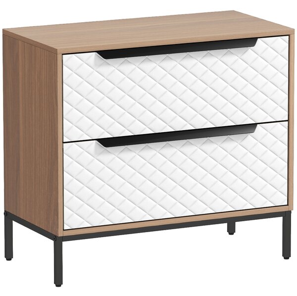 HOMCOM Comò con 2 Cassetti in Tessuto con Motivo a Diamante, Legno Naturale e Bianco | Aosom Italy