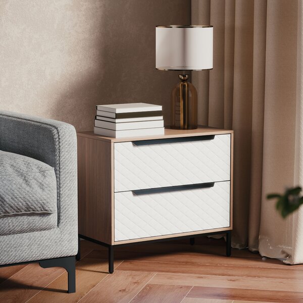HOMCOM Comò con 2 Cassetti in Tessuto con Motivo a Diamante, Legno Naturale e Bianco | Aosom Italy