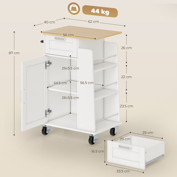HOMCOM Carrello da Cucina con Cassetto, Armadietto, Portasciugamani e 3 Portaspezie, in Legno, 62x40x87 cm, Bianco | Aosom Italy