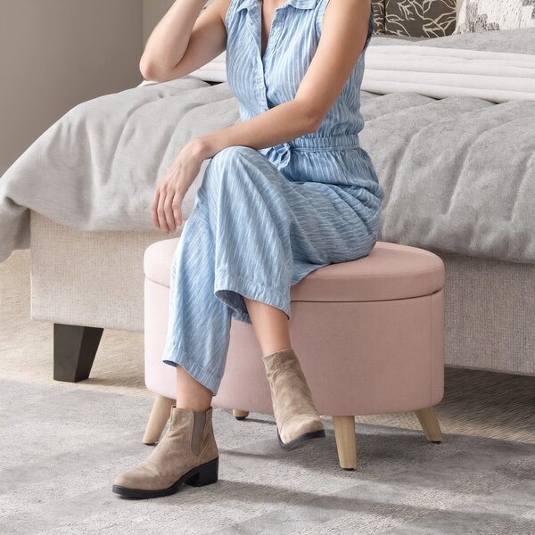 HOMCOM Pouf Contenitore Ovale Rivestito in Velluto con Gambe in Legno Massiccio 71x51,5x42 cm Rosa Chiaro | Aosom Italy