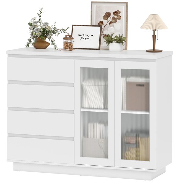 HOMCOM Credenza con 4 cassetti, 2 ante in vetro, design moderno, in MDF, Bianco | Aosom Italy