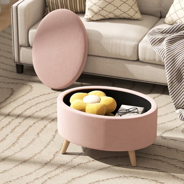 HOMCOM Pouf Contenitore Ovale Rivestito in Velluto con Gambe in Legno Massiccio 71x51,5x42 cm Rosa Chiaro | Aosom Italy