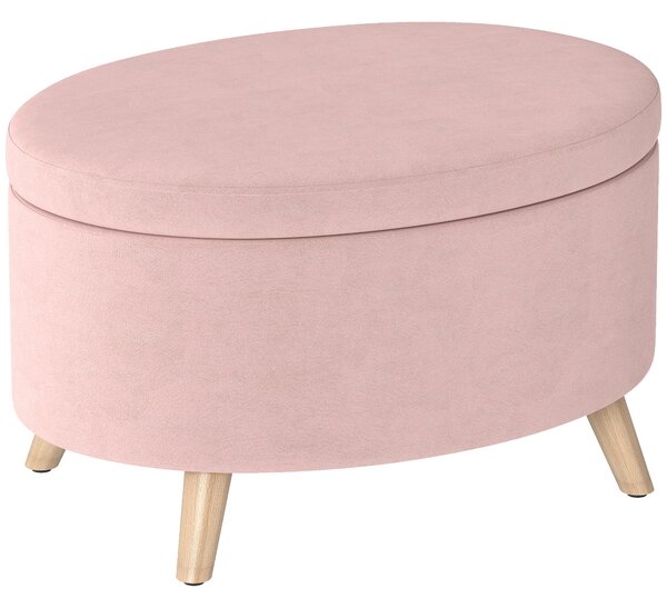 HOMCOM Pouf Contenitore Ovale Rivestito in Velluto con Gambe in Legno Massiccio 71x51,5x42 cm Rosa Chiaro | Aosom Italy