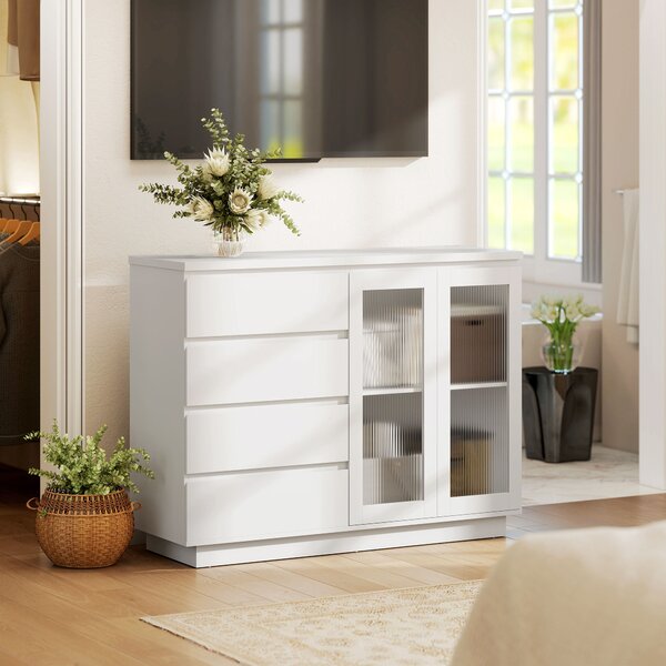 HOMCOM Credenza con 4 cassetti, 2 ante in vetro, design moderno, in MDF, Bianco | Aosom Italy