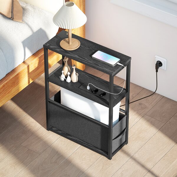 HOMCOM Tavolino da divano con presa elettrica, ripiano, salvaspazio, 45x18x60,2cm, Nero | Aosom Italy
