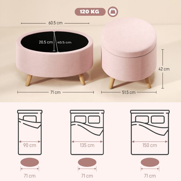 HOMCOM Pouf Contenitore Ovale Rivestito in Velluto con Gambe in Legno Massiccio 71x51,5x42 cm Rosa Chiaro | Aosom Italy
