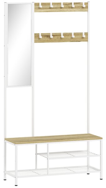 HOMCOM Appendiabiti con scarpiera e specchio, 3 ripiani panca, 10 ganci regolabili, stile moderno 98x34x186 cm Legno naturale | Aosom Italy