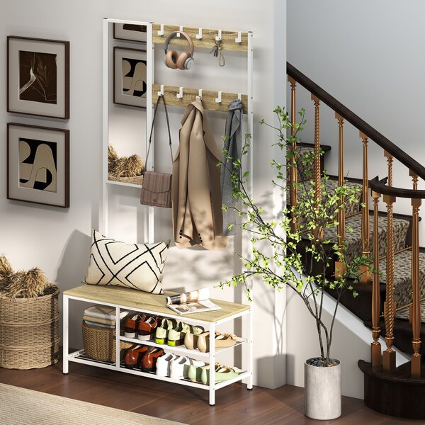 HOMCOM Appendiabiti con scarpiera e specchio, 3 ripiani panca, 10 ganci regolabili, stile moderno 98x34x186 cm Legno naturale | Aosom Italy