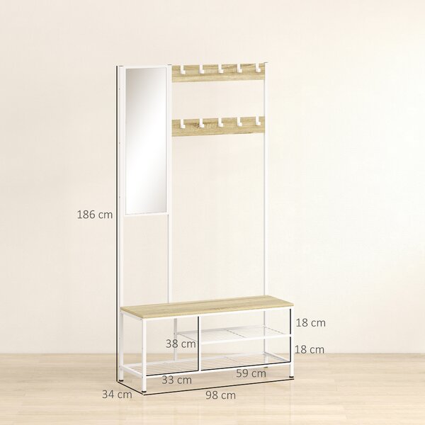 HOMCOM Appendiabiti con scarpiera e specchio, 3 ripiani panca, 10 ganci regolabili, stile moderno 98x34x186 cm Legno naturale | Aosom Italy