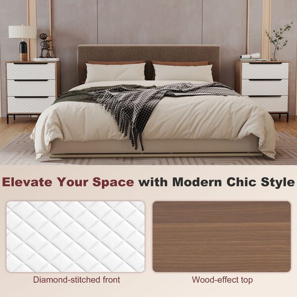 HOMCOM Cassettiera con 3 Cassetti in Tessuto con Motivo a Diamante, Legno Naturale e Bianco | Aosom Italy