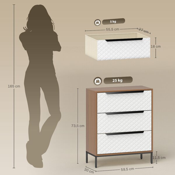 HOMCOM Cassettiera con 3 Cassetti in Tessuto con Motivo a Diamante, Legno Naturale e Bianco | Aosom Italy