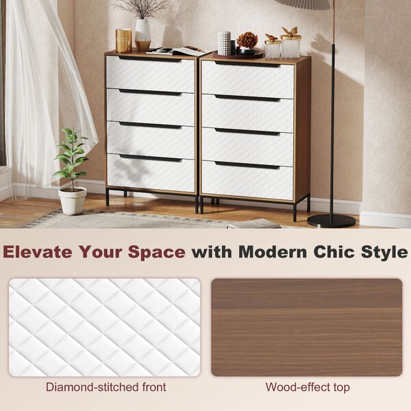 HOMCOM Cassettiera con 4 Cassetti in Tessuto con Motivo a Diamante, Legno Naturale e Bianco | Aosom Italy