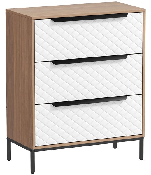 HOMCOM Cassettiera con 3 Cassetti in Tessuto con Motivo a Diamante, Legno Naturale e Bianco | Aosom Italy