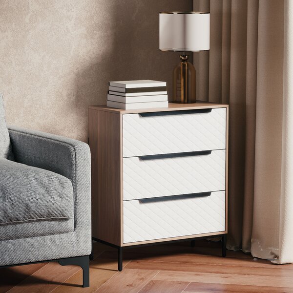 HOMCOM Cassettiera con 3 Cassetti in Tessuto con Motivo a Diamante, Legno Naturale e Bianco | Aosom Italy