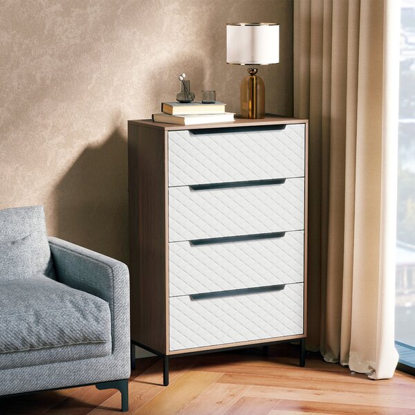 HOMCOM Cassettiera con 4 Cassetti in Tessuto con Motivo a Diamante, Legno Naturale e Bianco | Aosom Italy