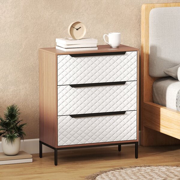 HOMCOM Cassettiera con 3 Cassetti in Tessuto con Motivo a Diamante, Legno Naturale e Bianco | Aosom Italy