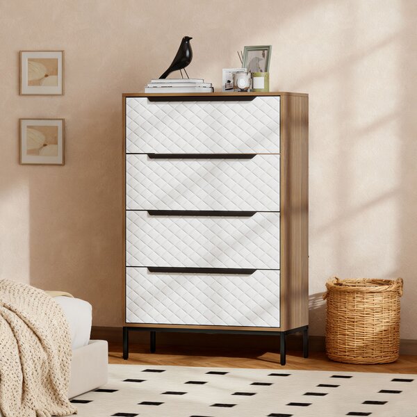 HOMCOM Cassettiera con 4 Cassetti in Tessuto con Motivo a Diamante, Legno Naturale e Bianco | Aosom Italy