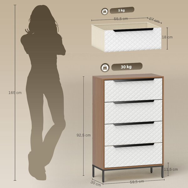 HOMCOM Cassettiera con 4 Cassetti in Tessuto con Motivo a Diamante, Legno Naturale e Bianco | Aosom Italy