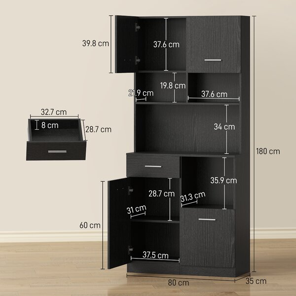 HOMCOM Mobile cucina, credenza con cassetto, ante con chiusura ammortizzata, 80 x 35 x 180 cm, Nero | Aosom Italy