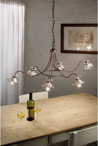 FerroLuce Lampadario rustico in metallo con sei diffusori in ceramica  decorati a mano Milano Ceramica,Metallo E14 42W 6 Lampadine