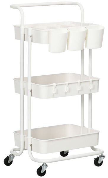 HOMCOM Carrello Cucina Multiuso a 3 Livelli con Cestini e Ganci Rimovibili, Ripiano con 12 Divisori, Bianco | Aosom Italy