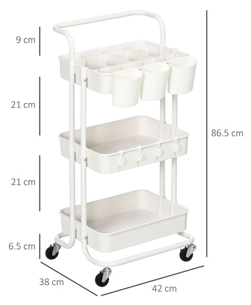 HOMCOM Carrello Cucina Multiuso a 3 Livelli con Cestini e Ganci Rimovibili, Ripiano con 12 Divisori, Bianco | Aosom Italy