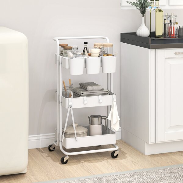 HOMCOM Carrello Cucina Multiuso a 3 Livelli con Cestini e Ganci Rimovibili, Ripiano con 12 Divisori, Bianco | Aosom Italy