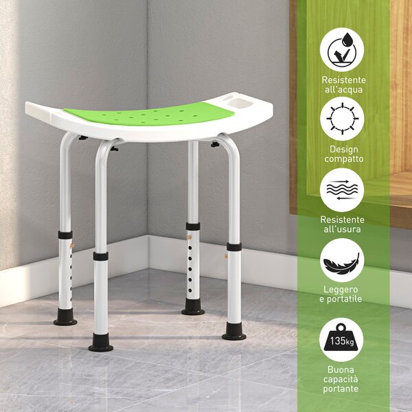 HOMCOM Sgabello da Doccia in Lega di Alluminio e Plastica Antiscivolo, Altezza Regolabile 6 Livelli 39-52cm, Verde | Aosom Italy