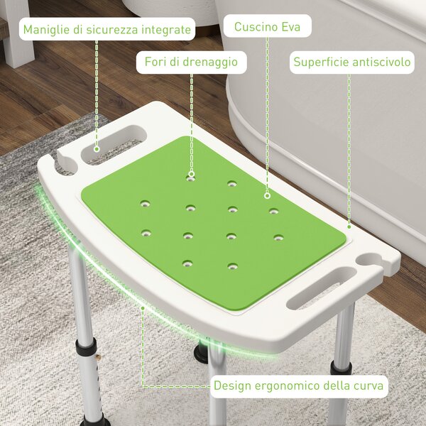 HOMCOM Sgabello da Doccia in Lega di Alluminio e Plastica Antiscivolo, Altezza Regolabile 6 Livelli 39-52cm, Verde | Aosom Italy