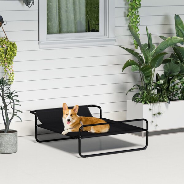 PawHut Lettino per Cani Piccoli e Medi Rialzato con Poggiatesta da Esterno, 91x69x29 cm, Nero | Aosom Italy