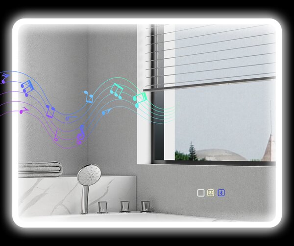 HOMCOM Specchio da bagno LED Bluetooth, con interruttore touch, luce regolabile, 3 colori, anti-appannamento, 70 x 90 cm, Argento | Aosom Italy