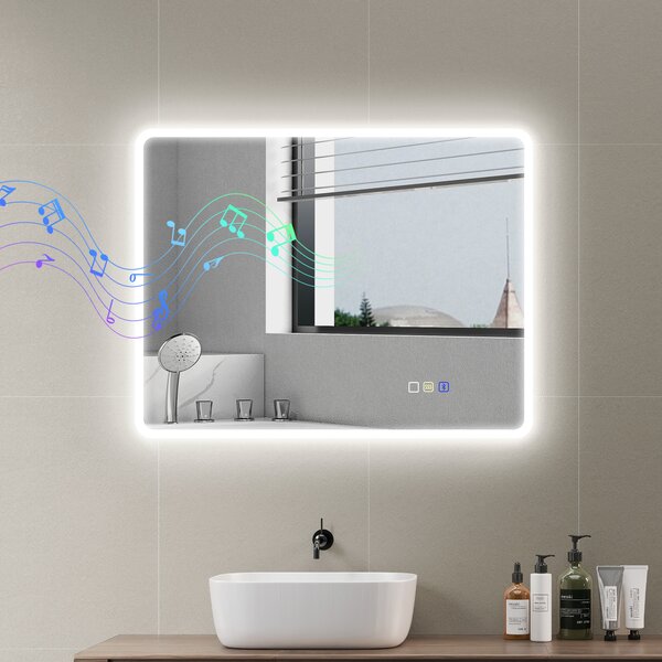 HOMCOM Specchio da bagno LED Bluetooth, con interruttore touch, luce regolabile, 3 colori, anti-appannamento, 70 x 90 cm, Argento | Aosom Italy