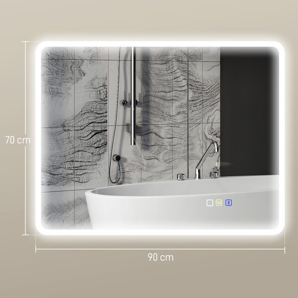 HOMCOM Specchio da bagno LED Bluetooth, con interruttore touch, luce regolabile, 3 colori, anti-appannamento, 70 x 90 cm, Argento | Aosom Italy