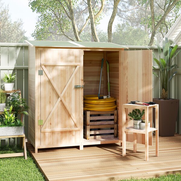 Outsunny Capanno attrezzi, con tavolino, in abete, 140 x 75 x 157 cm, Legno naturale | Aosom Italy