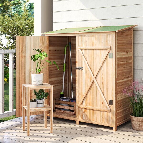 Outsunny Capanno attrezzi, con tavolino, in abete, 140 x 75 x 157 cm, Legno naturale | Aosom Italy