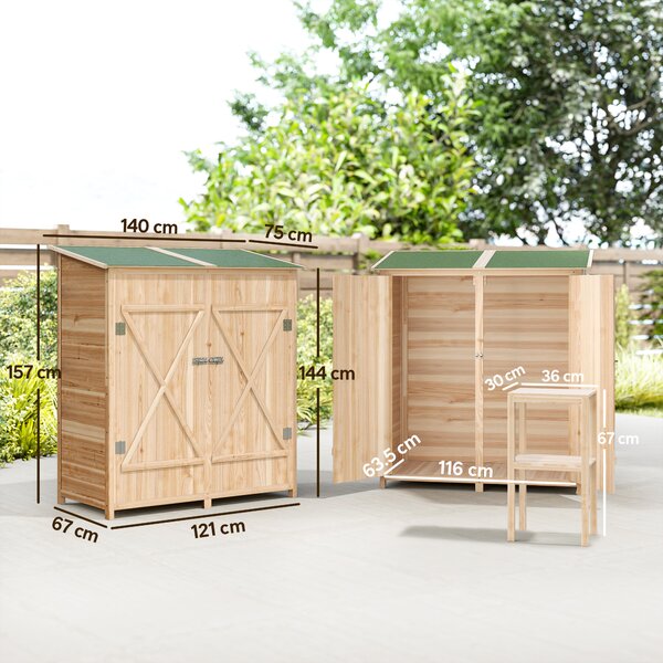 Outsunny Capanno attrezzi, con tavolino, in abete, 140 x 75 x 157 cm, Legno naturale | Aosom Italy