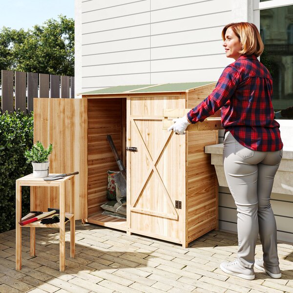 Outsunny Capanno attrezzi, con tavolino, in abete, 140 x 75 x 157 cm, Legno naturale | Aosom Italy