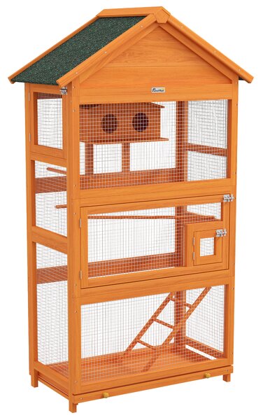 PawHut Voliera per Uccelli a 3 Porte con Casetta, Scaletta e Vassoio, in Legno e Metallo, 92x52x171 cm, Arancione e Nera | Aosom Italy
